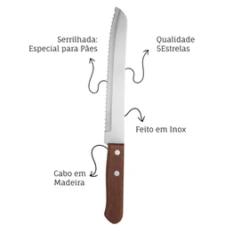 Faca de Pão Inox Cabo de Madeira 8" Linha Raiz Profissional