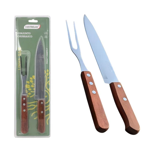 Conjunto Churrasco Inox Faca 7" Garfo 5" Cabo Madeira Linha Raiz