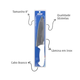 Faca Chef Profissional Inox 8" Linha Pro Cabo Branco 5Estrelas