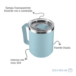 Caneca Térmica Café 450ml com Tampa Aço Inox Parede Dupla Azul