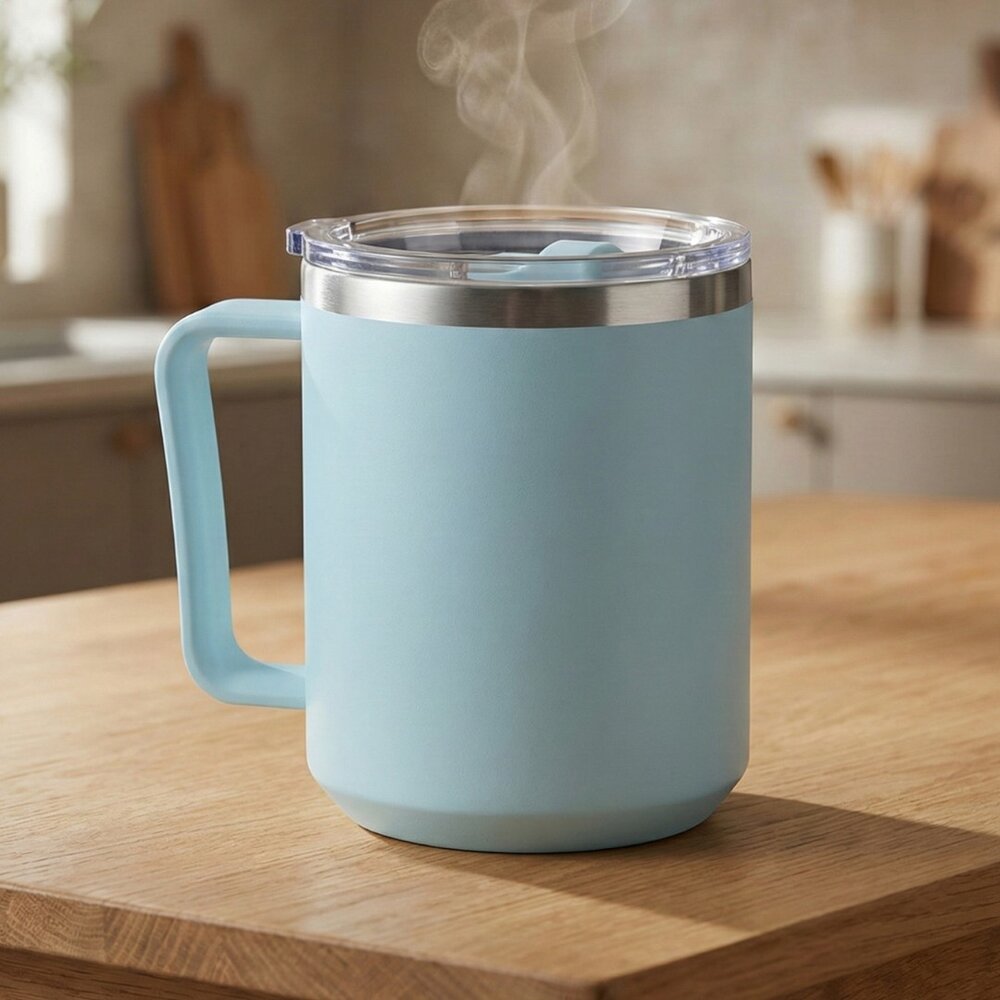 Caneca Térmica Café 450ml com Tampa Aço Inox Parede Dupla Azul