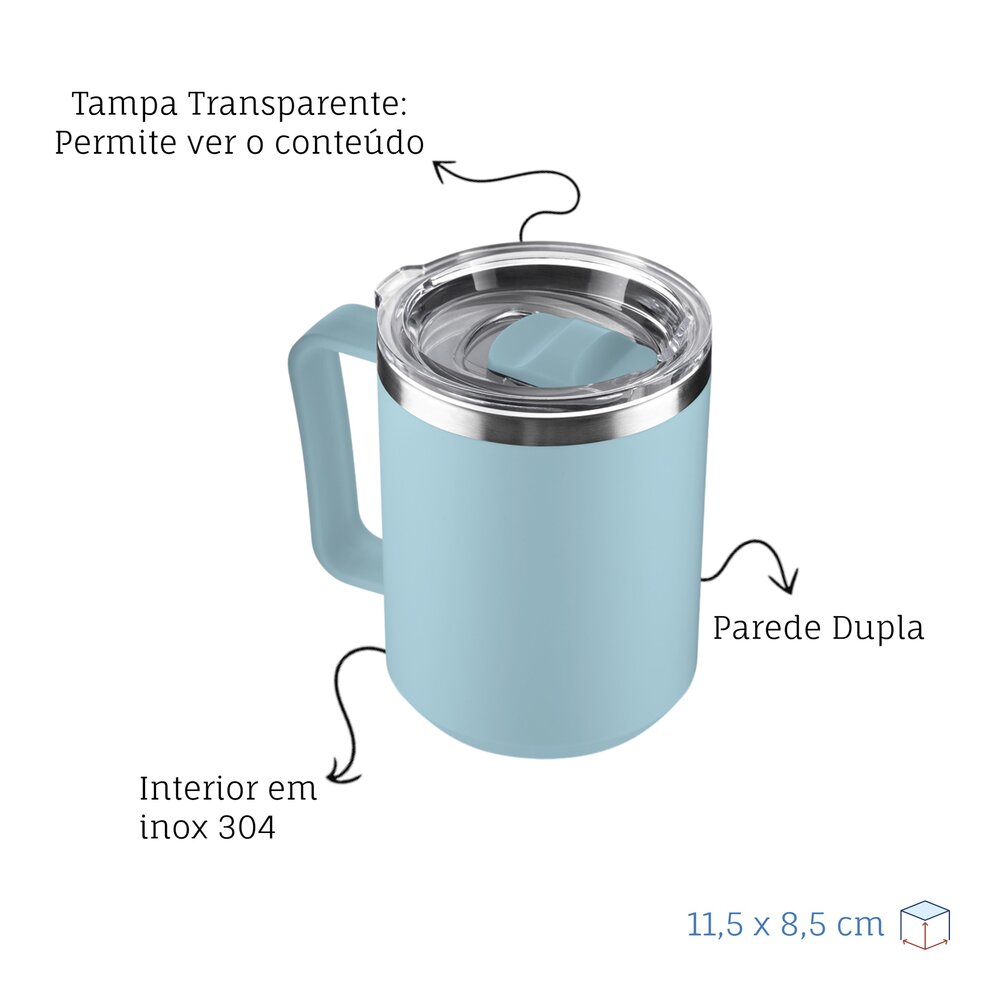 Caneca Térmica Café 450ml com Tampa Aço Inox Parede Dupla Azul
