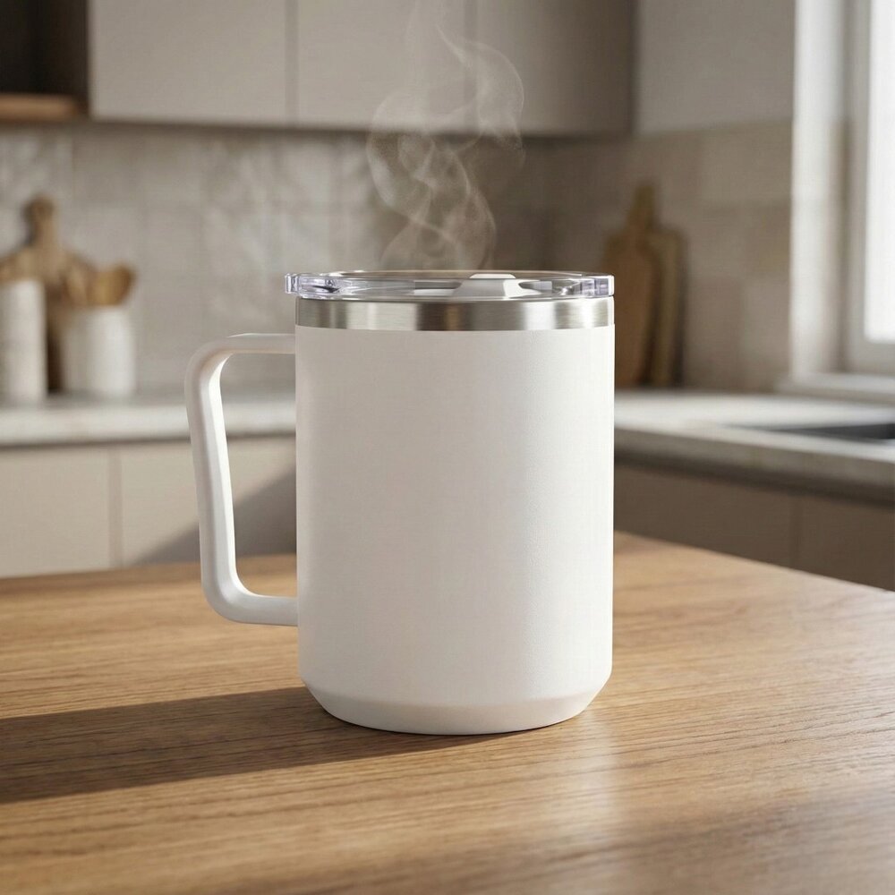 Caneca Térmica Café 450ml com Tampa Aço Inox Parede Dupla Branca