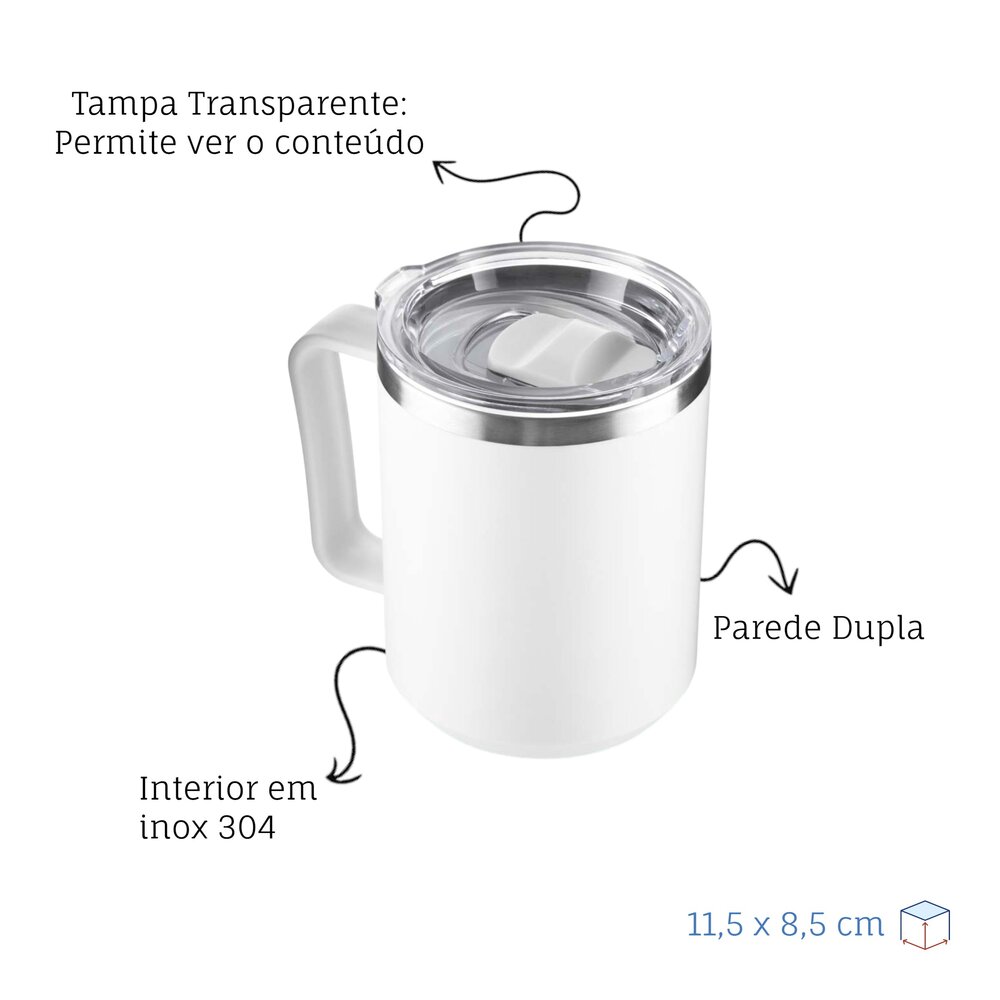 Caneca Térmica Café 450ml com Tampa Aço Inox Parede Dupla Branca