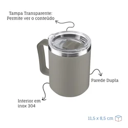 Caneca Térmica Café 450ml com Tampa Aço Inox Parede Dupla Cinza