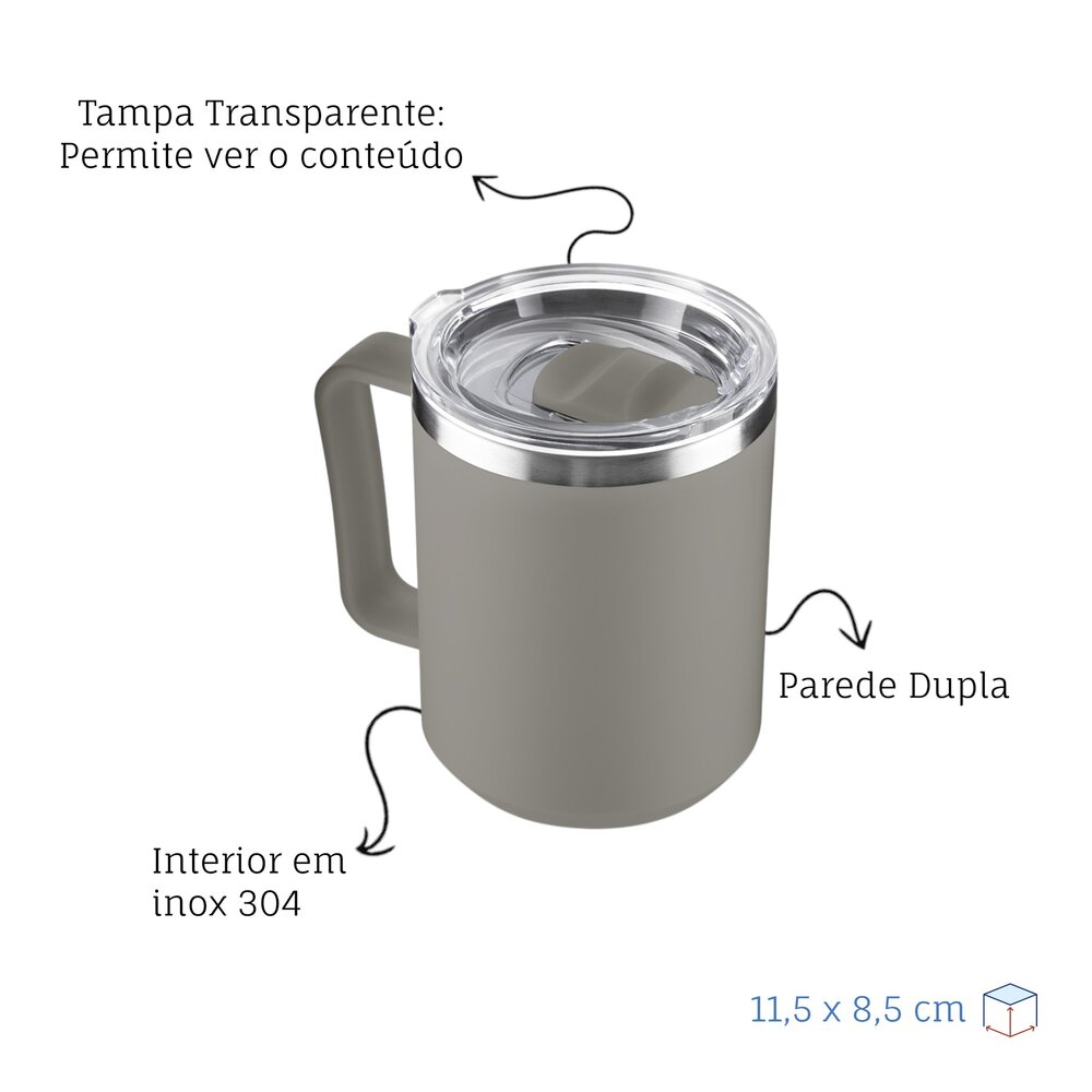 Caneca Térmica Café 450ml com Tampa Aço Inox Parede Dupla Cinza