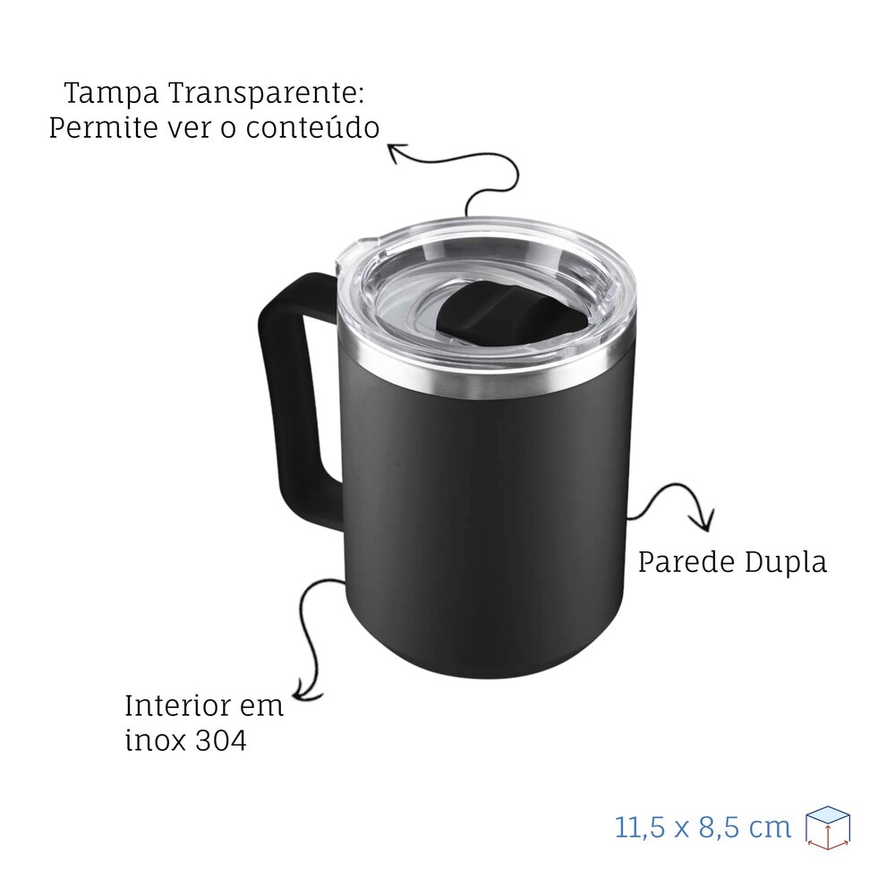 Caneca Térmica Café 450ml com Tampa Aço Inox Parede Dupla Preto