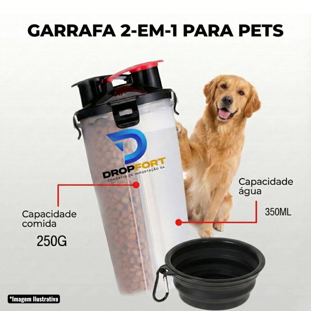Garrafa Dupla Porta Ração e Água Pets com Pote Retrátil Branca
