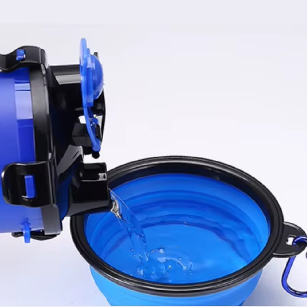Garrafa Dupla Porta Ração e Água Pets com Pote Retrátil Azul