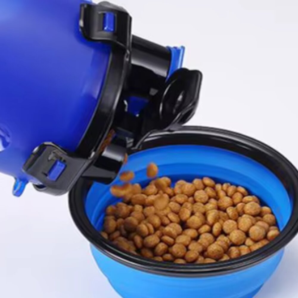 Garrafa Dupla Porta Ração e Água Pets com Pote Retrátil Azul