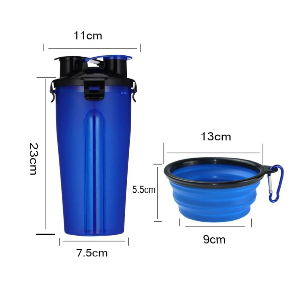 Garrafa Dupla Porta Ração e Água Pets com Pote Retrátil Azul