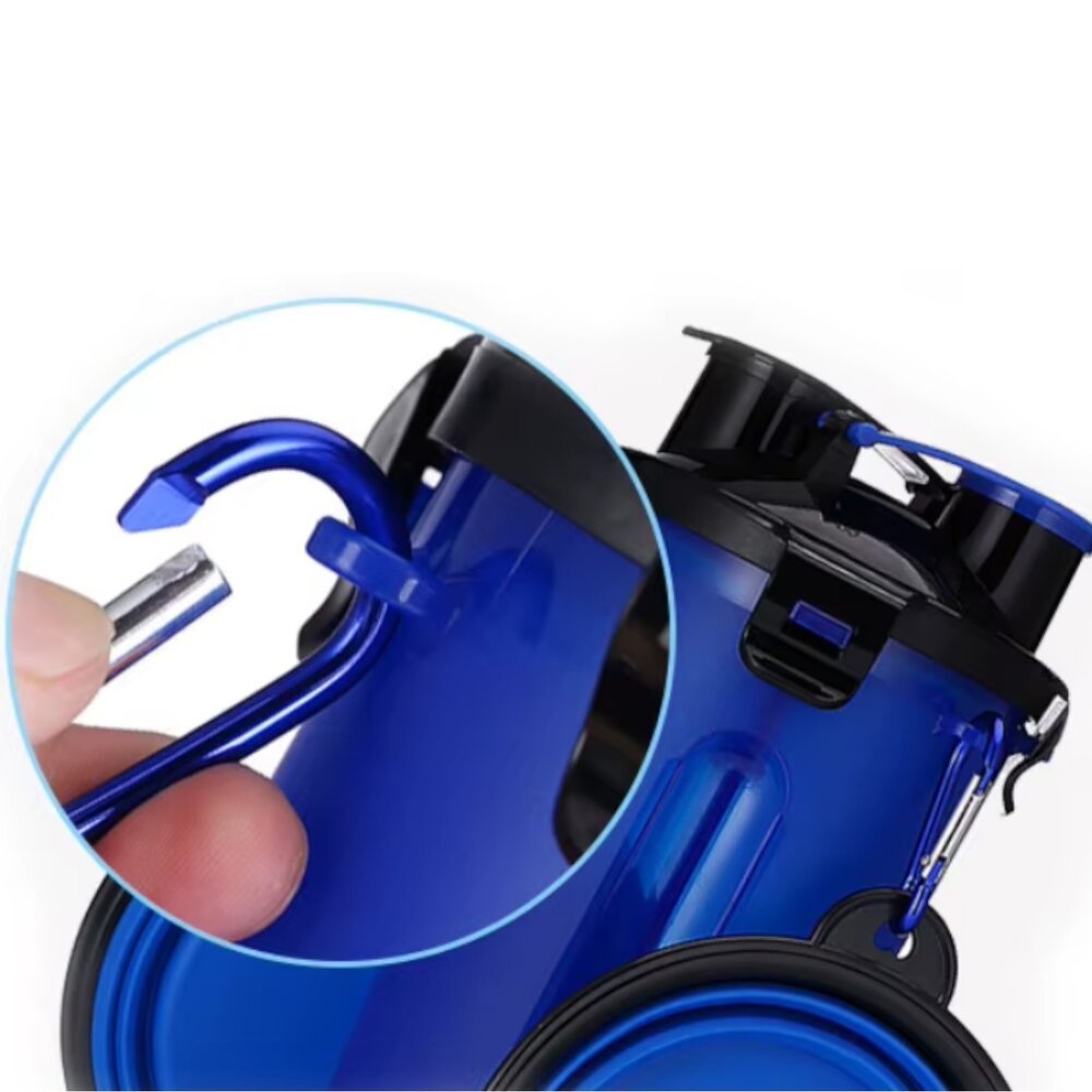 Garrafa Dupla Porta Ração e Água Pets com Pote Retrátil Azul