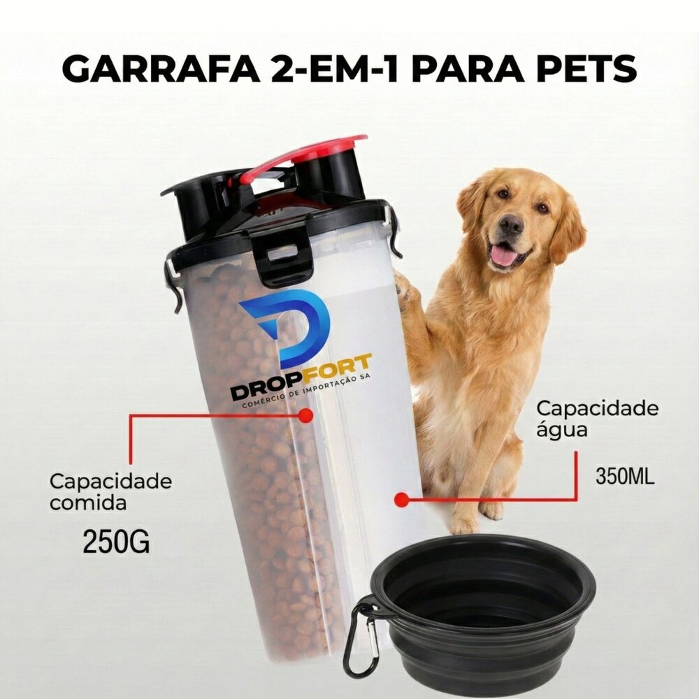 Garrafa Dupla Porta Ração e Água Pets com Pote Retrátil Azul