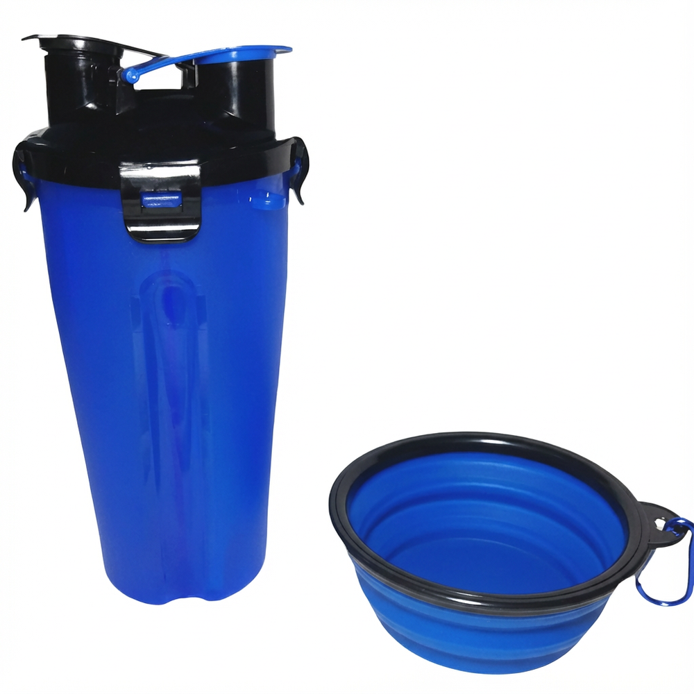 Garrafa Dupla Porta Ração e Água Pets com Pote Retrátil Azul