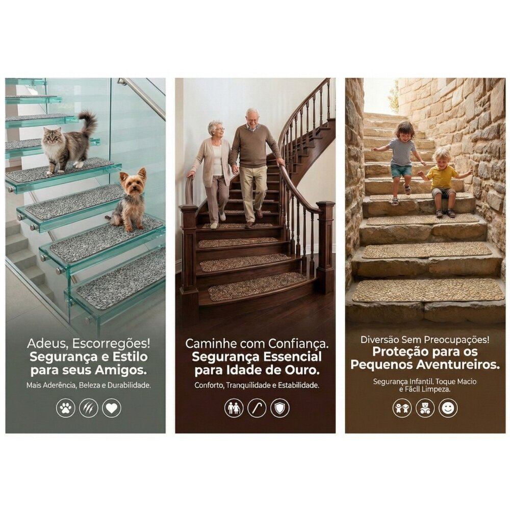 Tapete Antiderrapante Antiquedas Escadas Pets Cinza 20x76cm