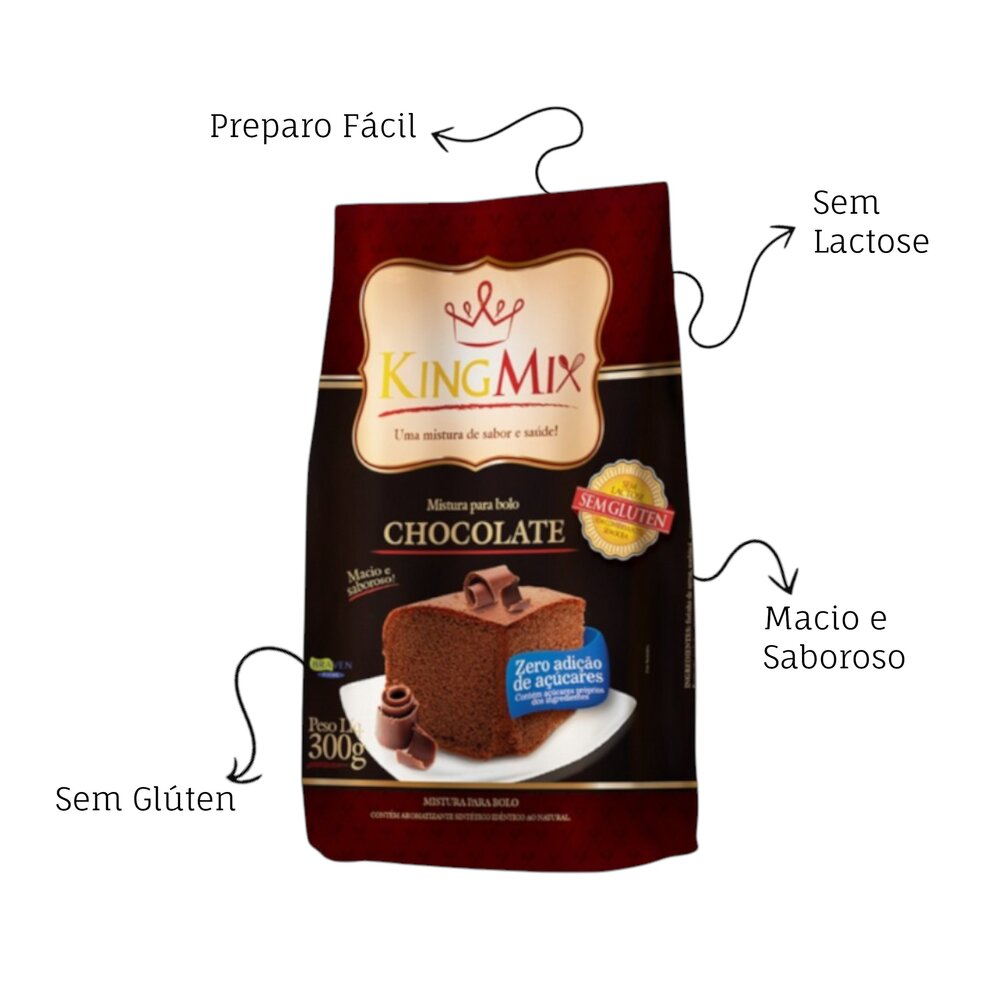 Mistura Bolo Zero Açúcar Chocolate King Mix 300g Sem Glúten Sem Lactose