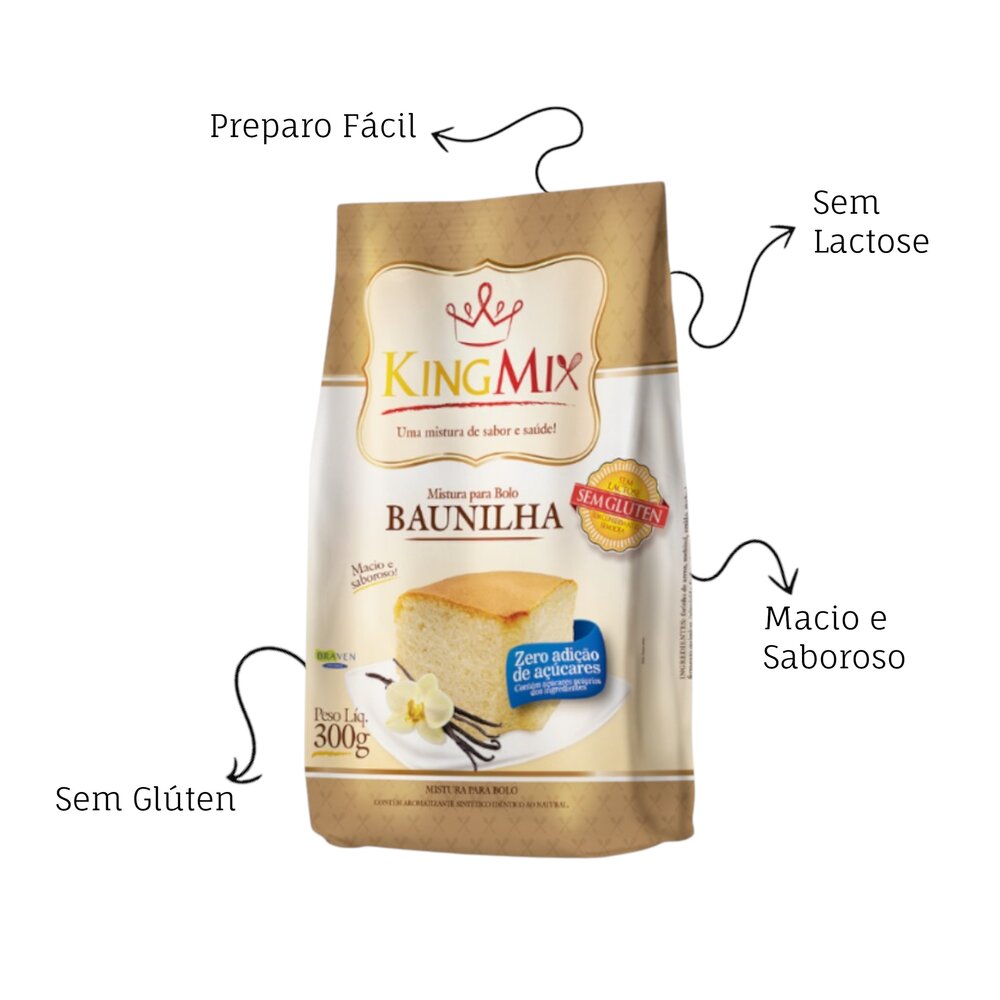 Mistura Bolo Zero Açúcar Baunilha King Mix 300g Sem Glúten Sem Lactose