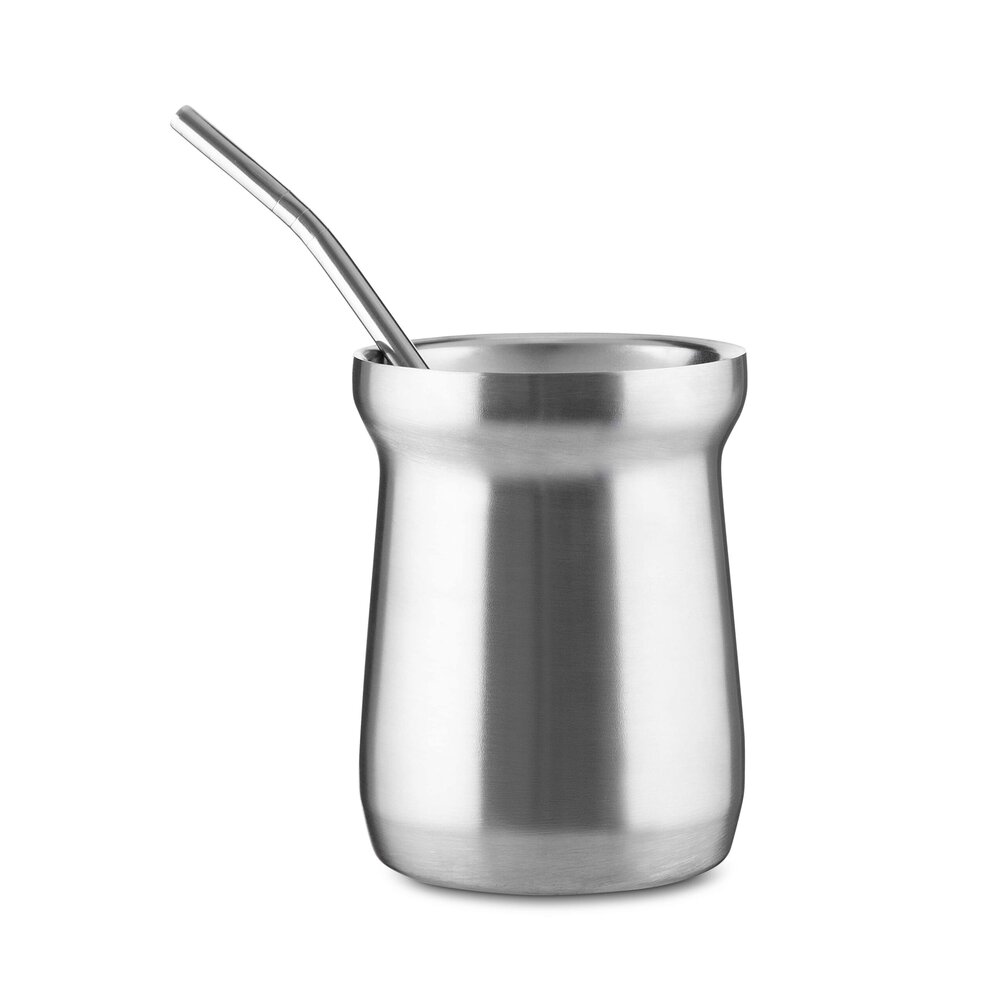 Kit Tereré Cuia Térmica Prata 250ml e Bomba Inox Mantém Gelado