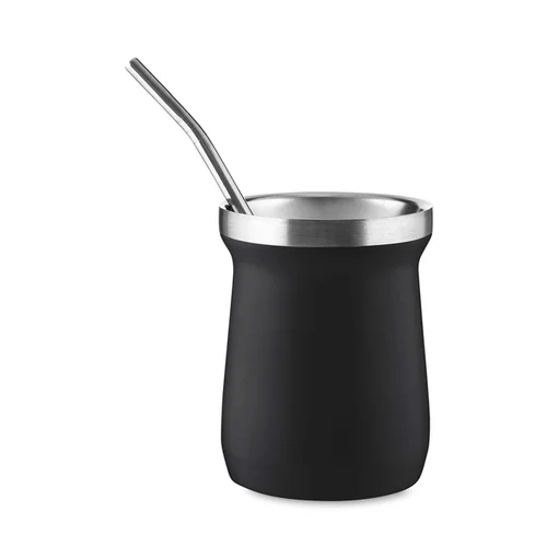 Kit Tereré Cuia Térmica Preta 250ml e Bomba Inox Mantém Gelado