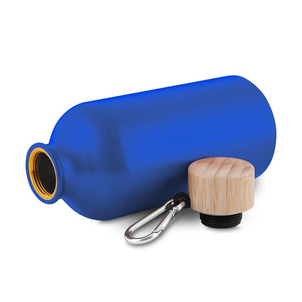 Garrafa Alumínio Reciclado 550ml Tampa Bambu Mosquetão Azul