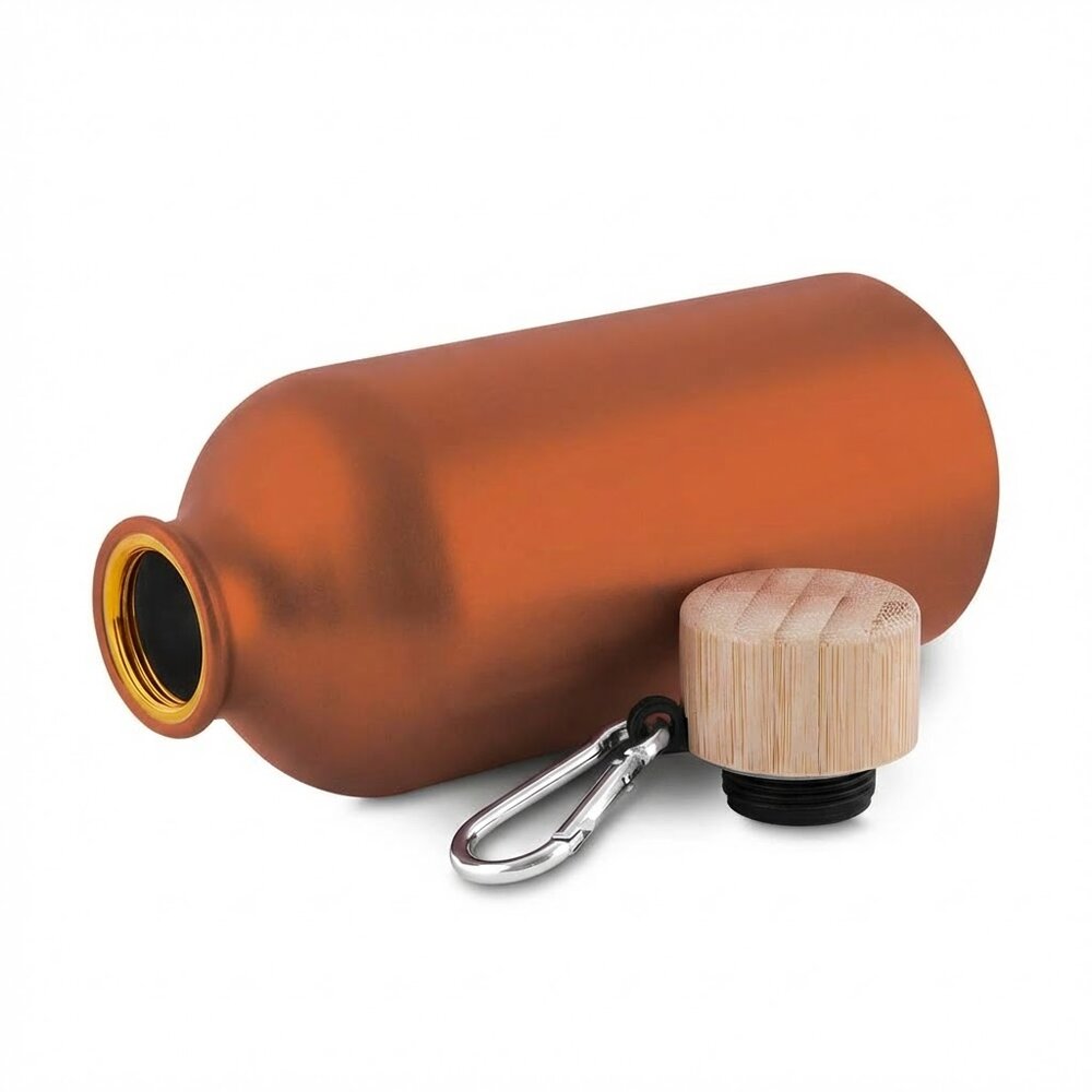Garrafa Alumínio Reciclado 550ml Tampa Bambu Mosquetão Laranja