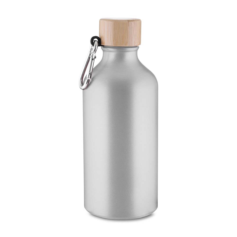 Garrafa Alumínio Reciclado 550ml Tampa Bambu Mosquetão Prata
