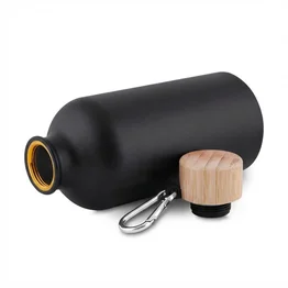 Garrafa Alumínio Reciclado 550ml Tampa Bambu Mosquetão Preta