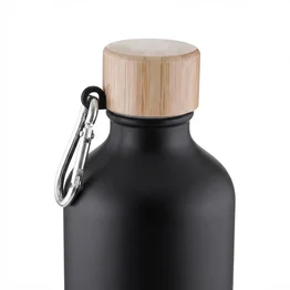 Garrafa Alumínio Reciclado 550ml Tampa Bambu Mosquetão Preta