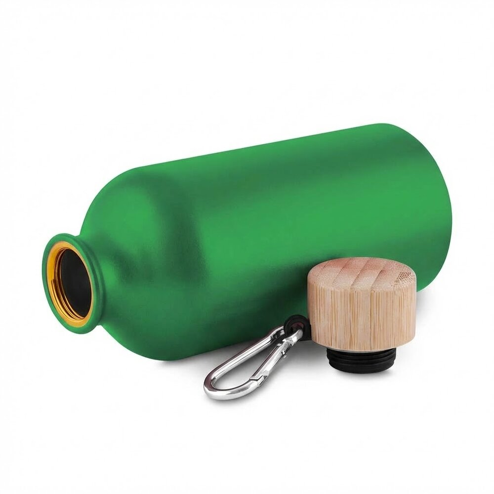 Garrafa Alumínio Reciclado 550ml Tampa Bambu Mosquetão Verde