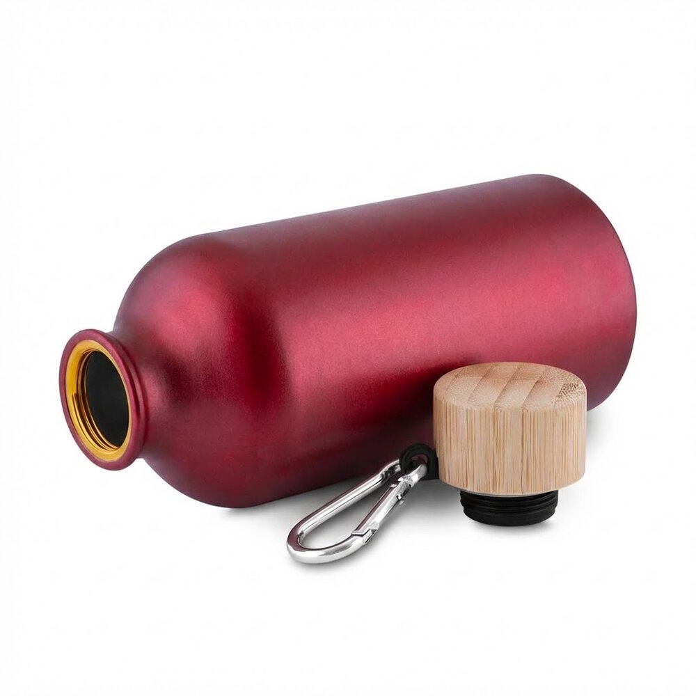 Garrafa Alumínio Reciclado 550ml Tampa Bambu Mosquetão Vermelha
