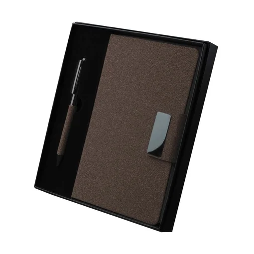 Kit Caderno A5 + Caneta Metálica Detalhes Fibra de Café Presenteável