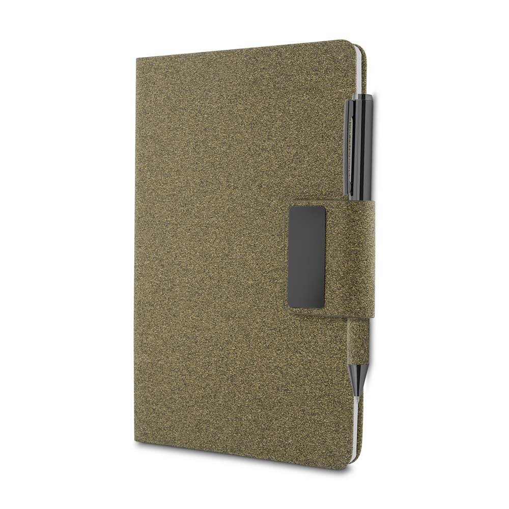 Kit Caderno A5 + Caneta Metálica Detalhes Fibra de Chá Presenteável