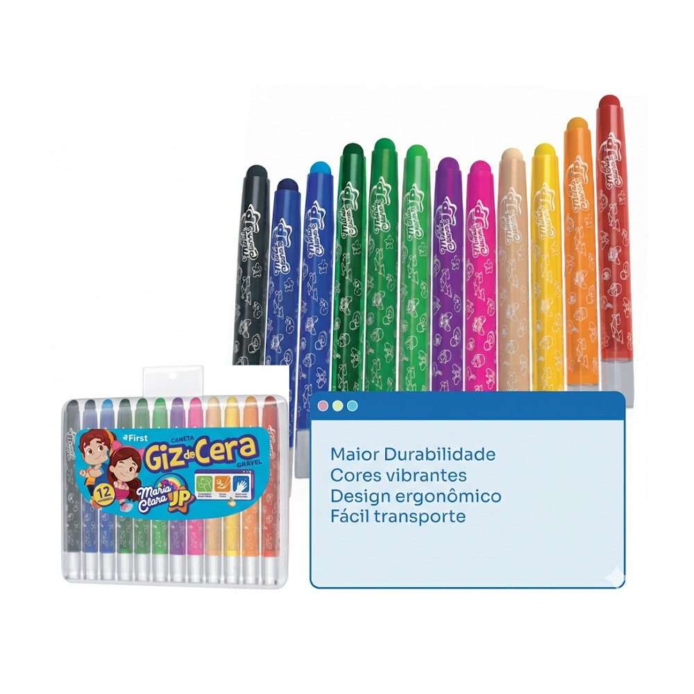 Giz de Cera Retrátil 12 Cores Maria Clara e JP Infantil Escolar