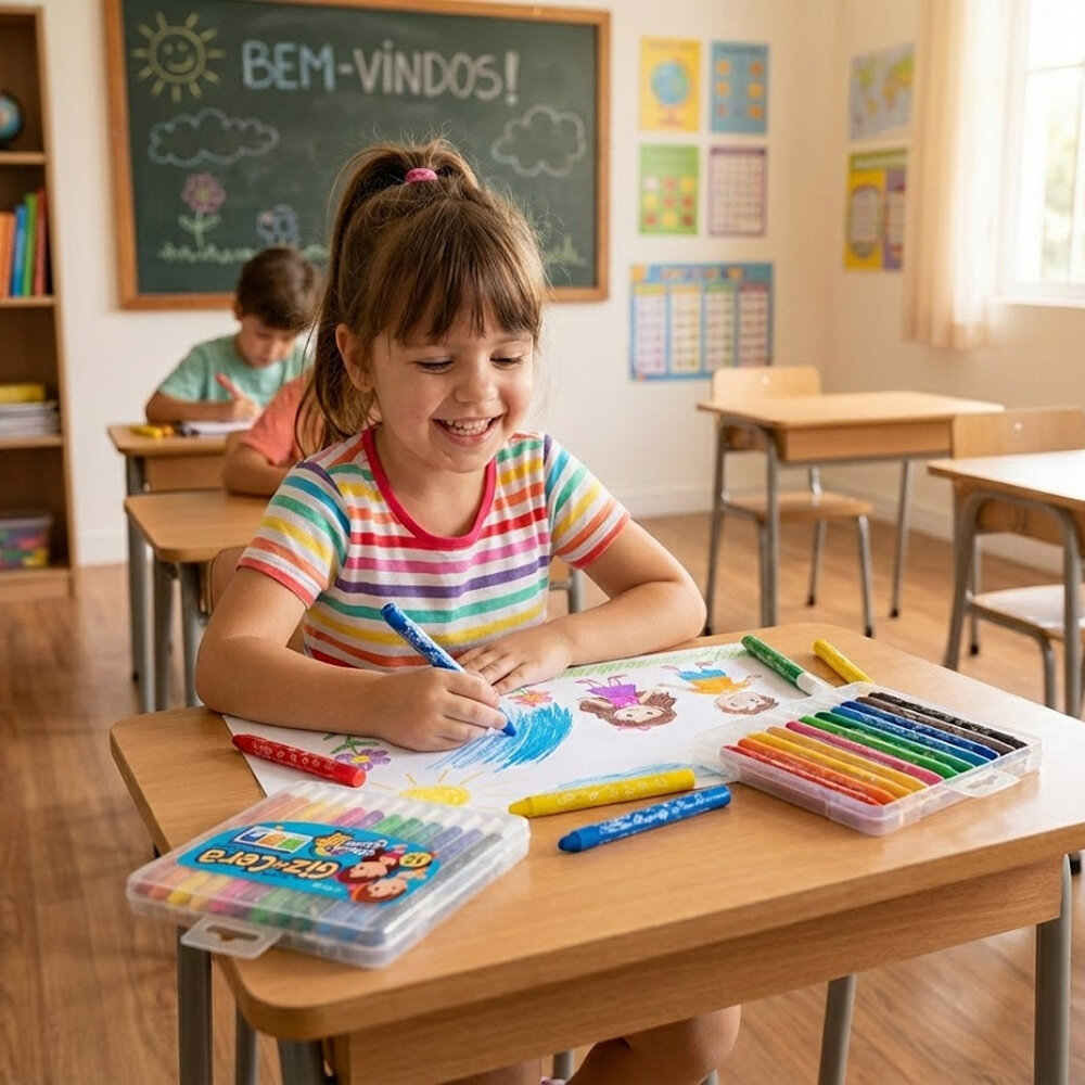 Giz de Cera Retrátil 12 Cores Maria Clara e JP Infantil Escolar