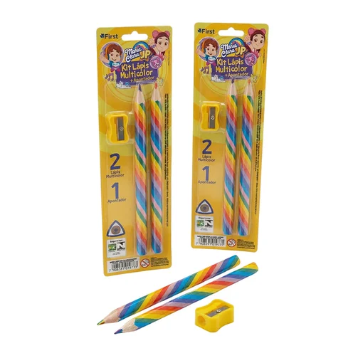 Kit Lápis Arco-Íris Grafite Multicolorido Apontador Maria Clara e JP