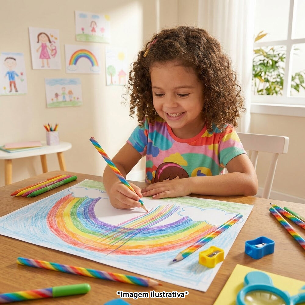 Kit Lápis Arco-Íris Grafite Multicolorido Apontador Maria Clara e JP
