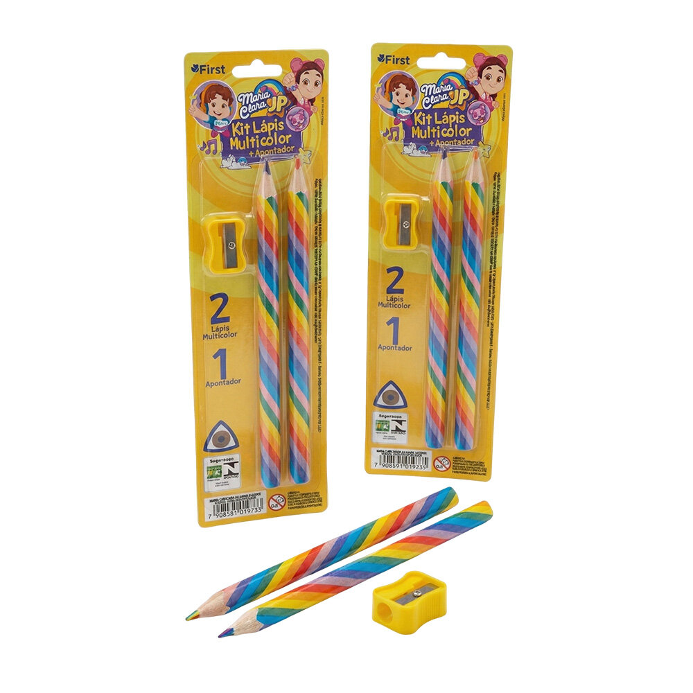 Kit Lápis Arco-Íris Grafite Multicolorido Apontador Maria Clara e JP