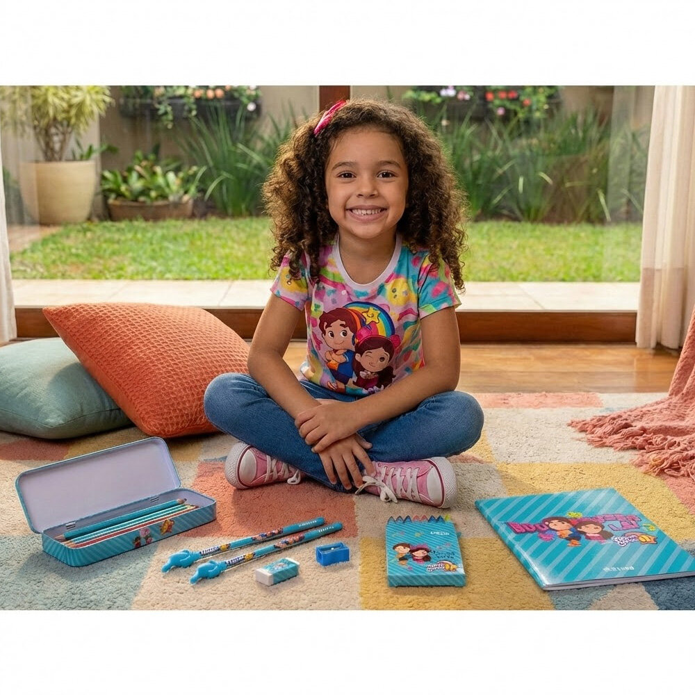 Kit Escolar Maria Clara e JP Estojo, Régua, Lápis, Canetinhas e Borracha