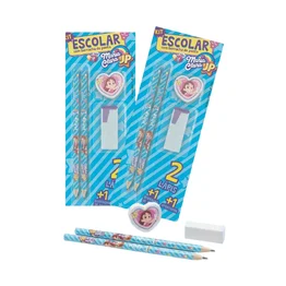 Kit Escolar Maria Clara e JP 2 Lápis, Borracha e Apontador