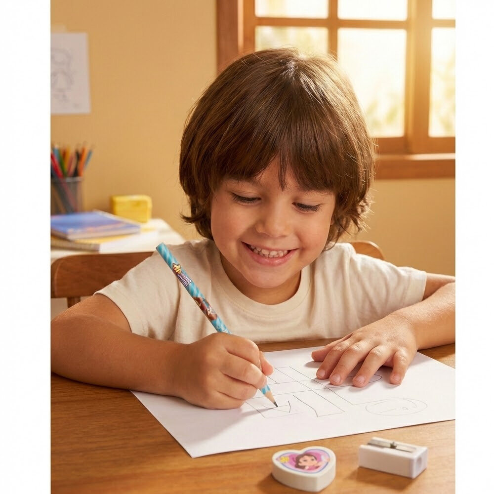 Kit Escolar Maria Clara e JP 2 Lápis, Borracha e Apontador