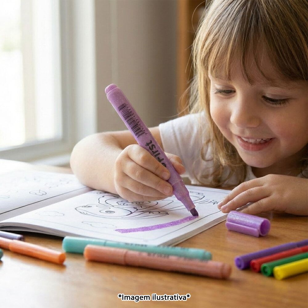 Marca Texto com Glitter Chanfrado 4 Cores Estojo Ponta Suave