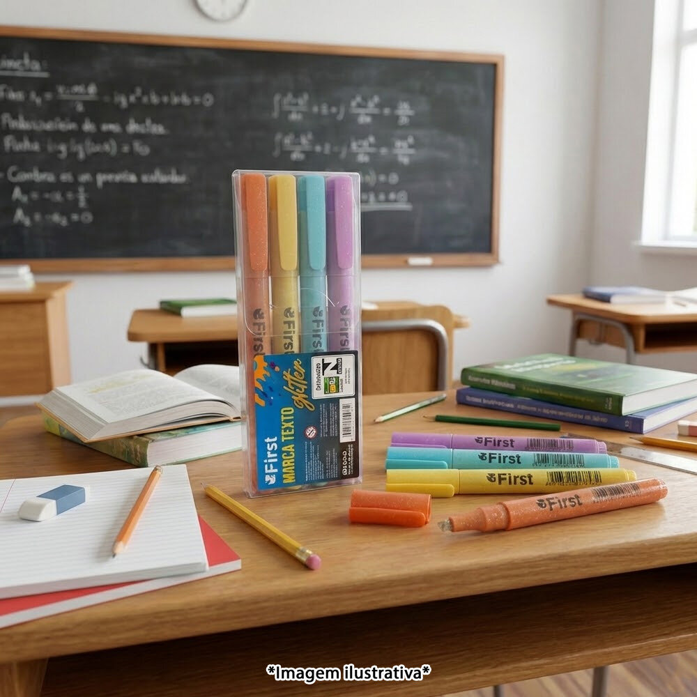 Marca Texto com Glitter Chanfrado 4 Cores Estojo Ponta Suave