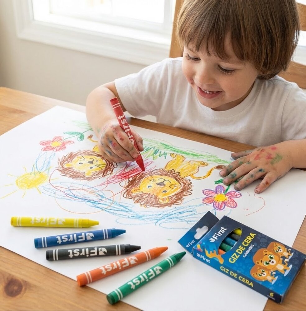 Giz de Cera Fino Longo 6 Cores 24g Uso Escolar