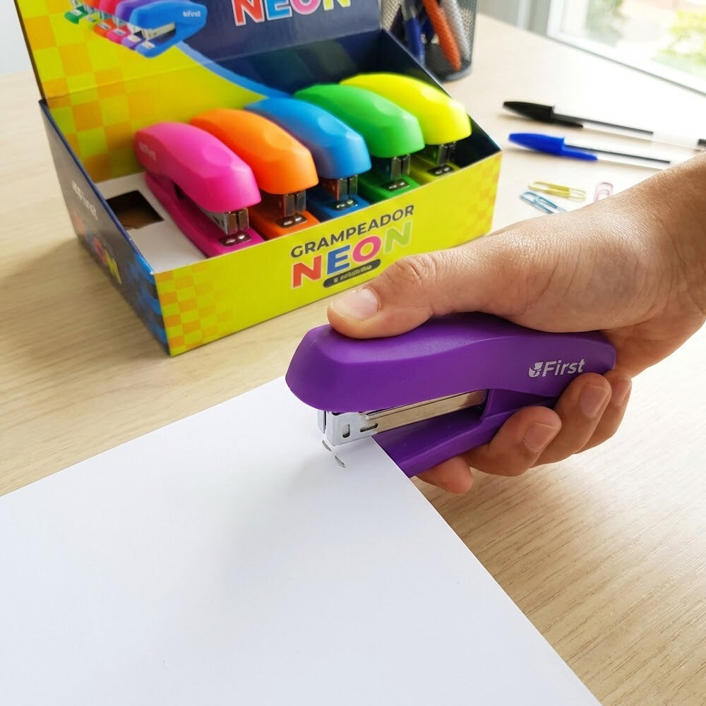 Kit 6 Grampeadores de Metal Neon com Base Emborrachada