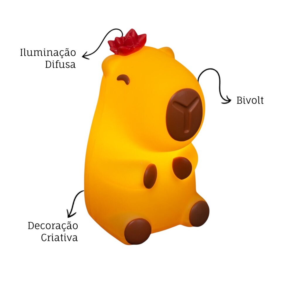 Luminária 3D Capivara Fofa com Flor Bivolt Decoração Criativa