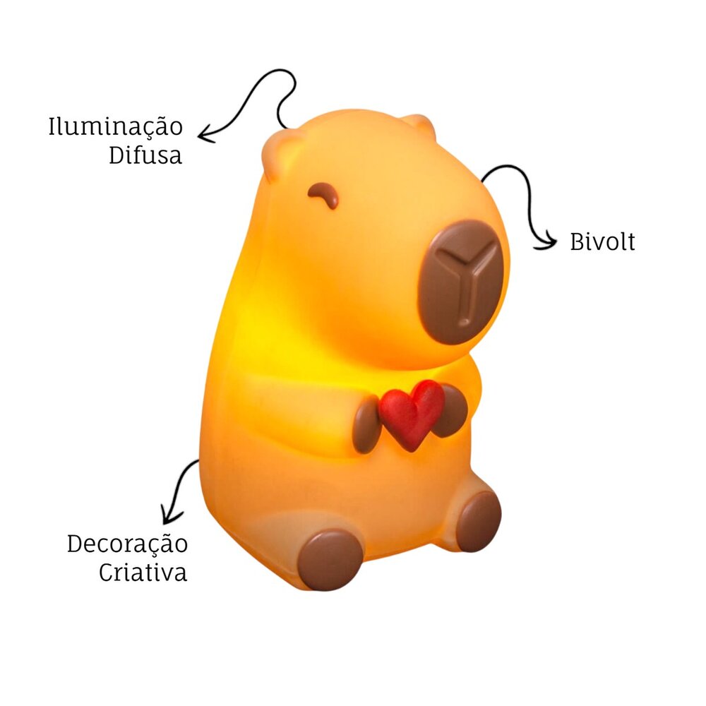 Luminária 3D Capivara Fofa com Coração Bivolt Decoração Criativa