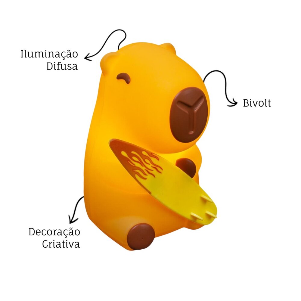 Luminária 3D Capivara Surfista Baby Bivolt Decoração Criativa