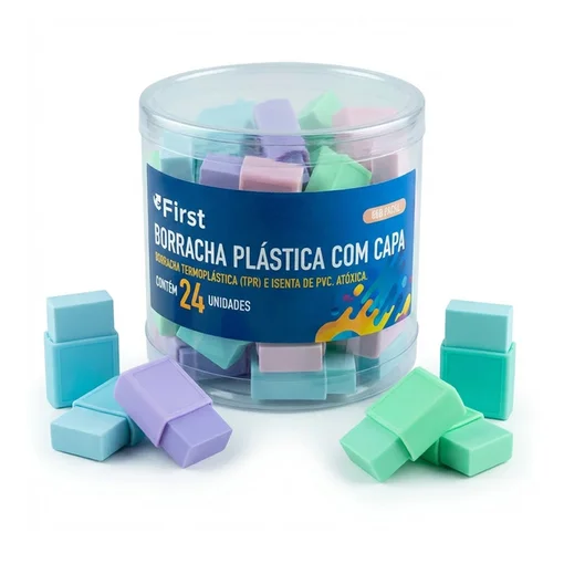 Pote com 24 Unidades de Borrachas com Capas Plásticas Pequenas Coloridas