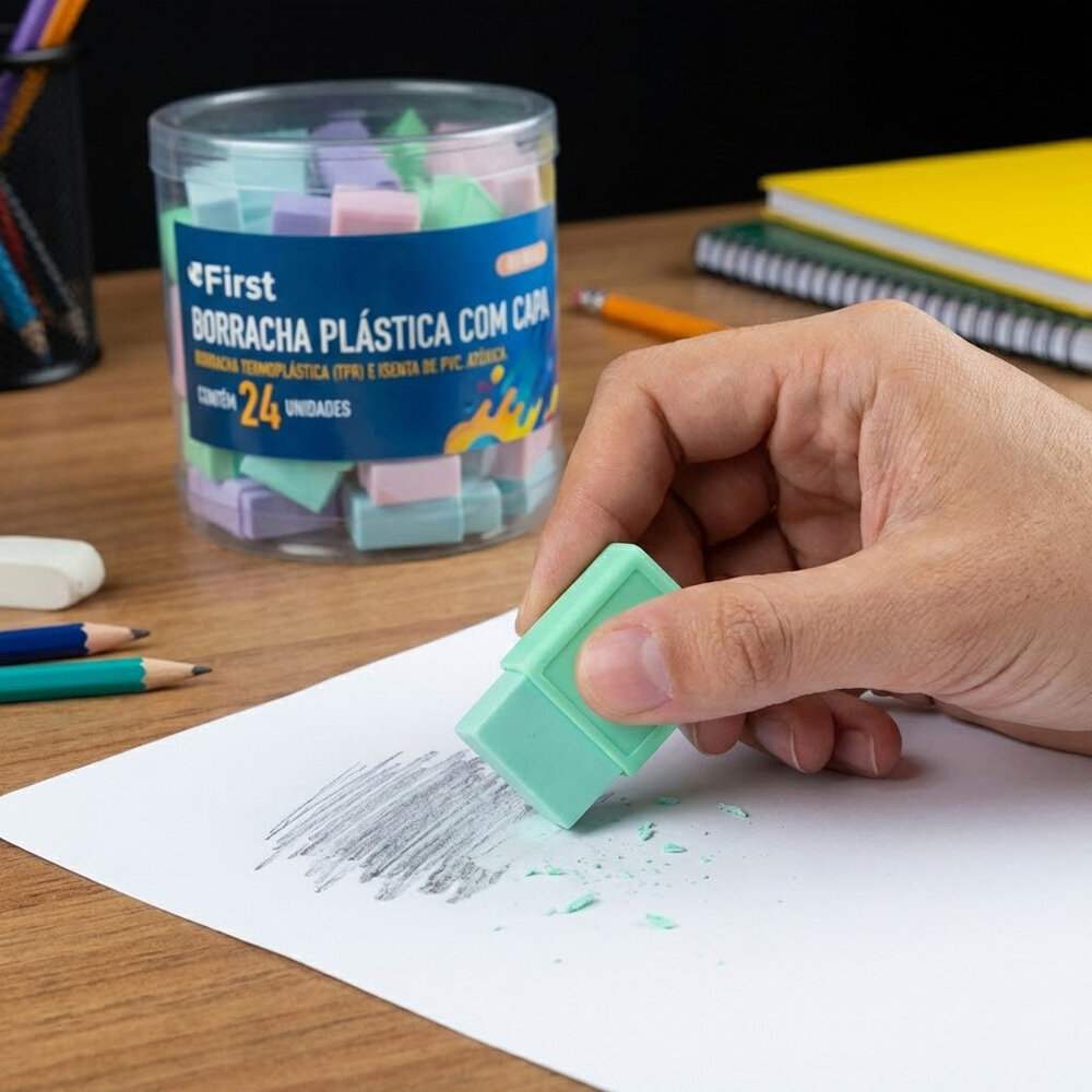 Pote com 24 Unidades de Borrachas com Capas Plásticas Pequenas Coloridas