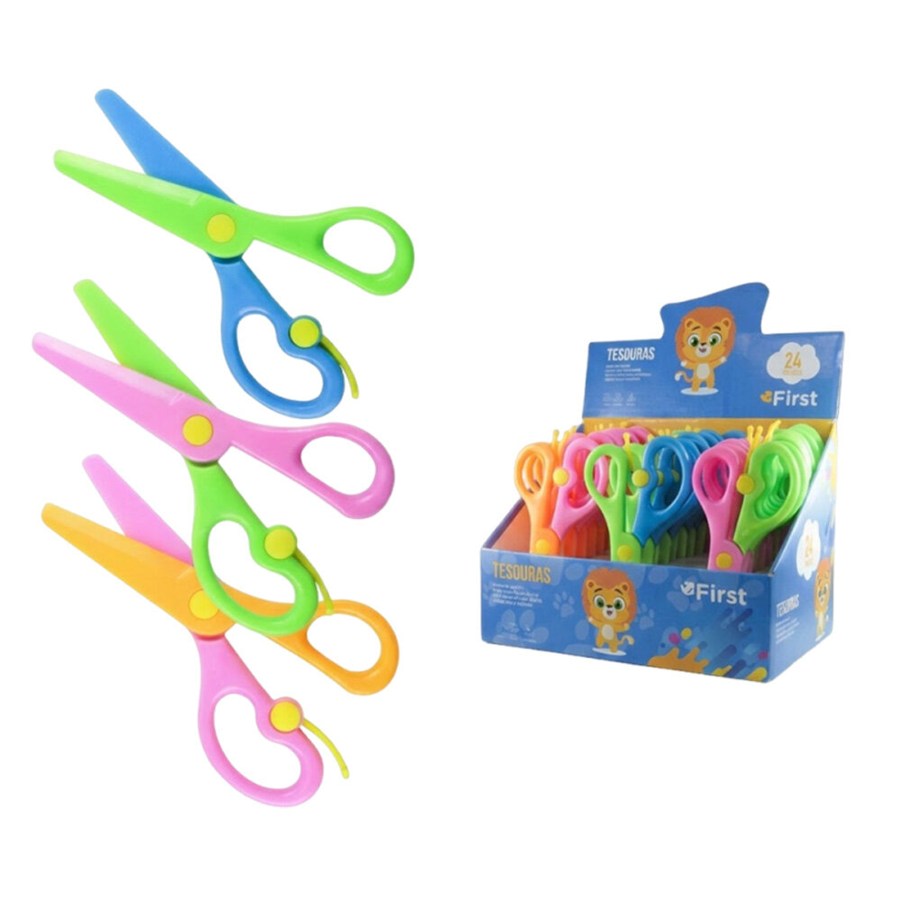 Caixa com 24 Tesouras Escolares 13cm Pontas Redondas sem Lâminas Metálicas